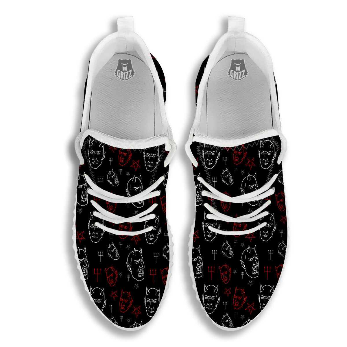 Red White Satan Head Print Pattern White Walking Shoes-grizzshop