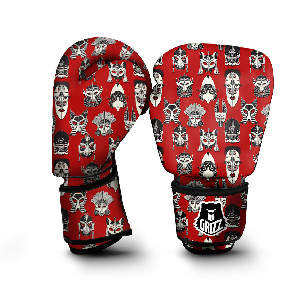 Red White Tribal Mask Print Pattern Boxing Gloves-grizzshop