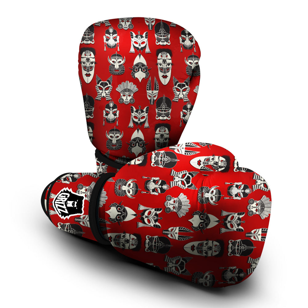 Red White Tribal Mask Print Pattern Boxing Gloves-grizzshop