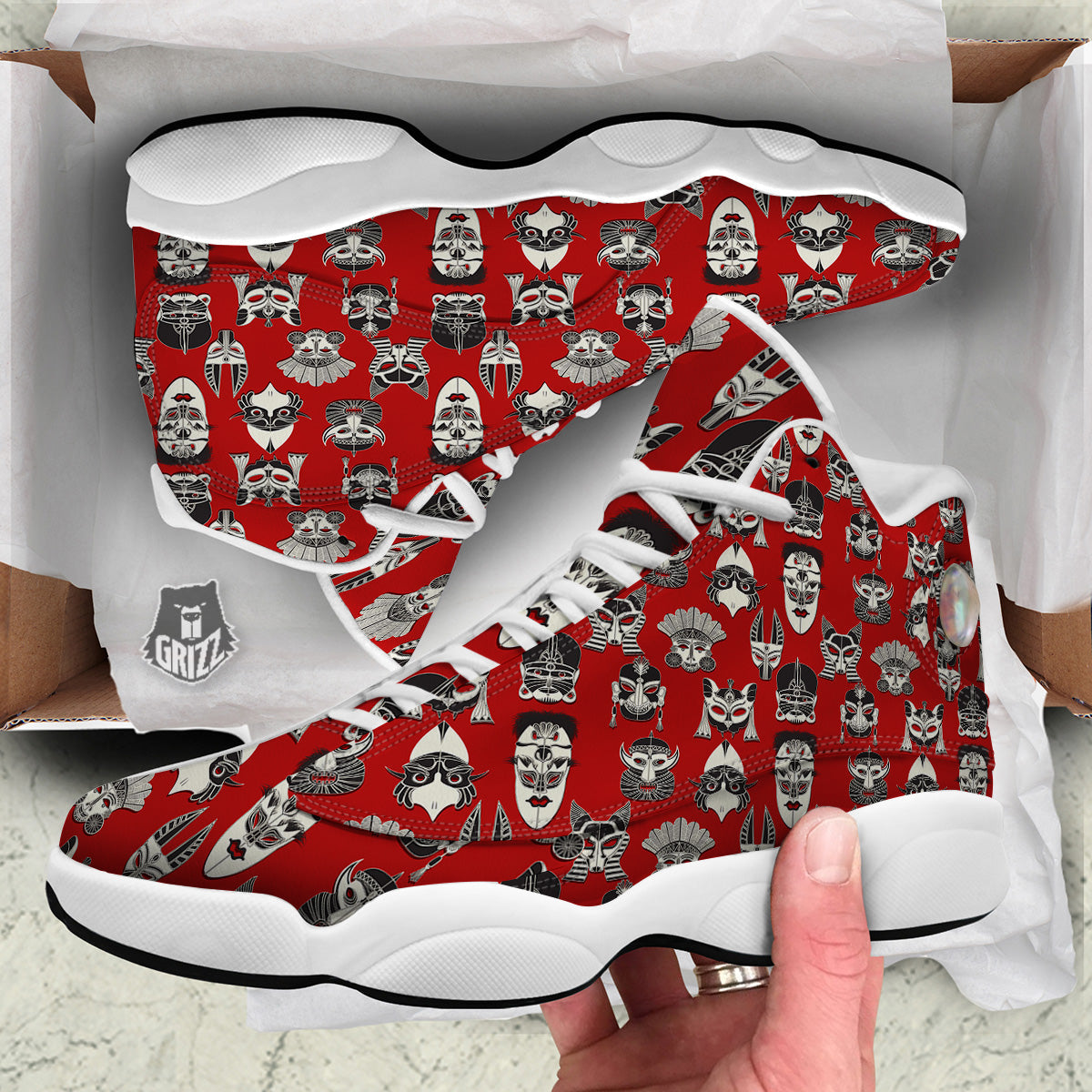 Red White Tribal Mask Print Pattern White Basketball Shoes-grizzshop