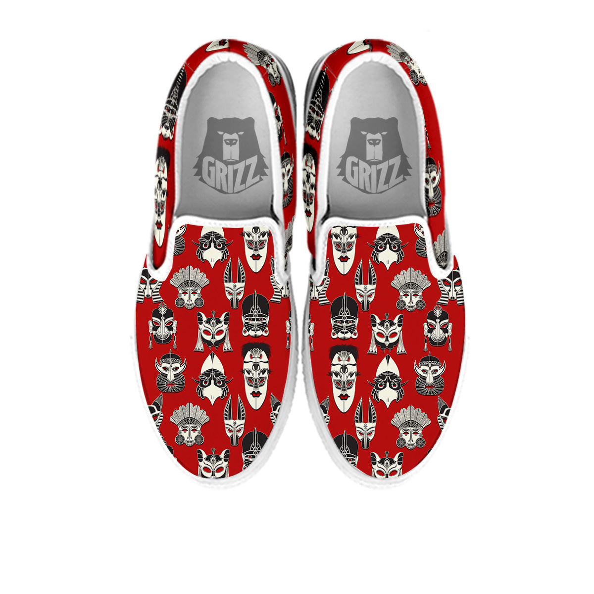 Red White Tribal Mask Print Pattern White Slip On Shoes-grizzshop