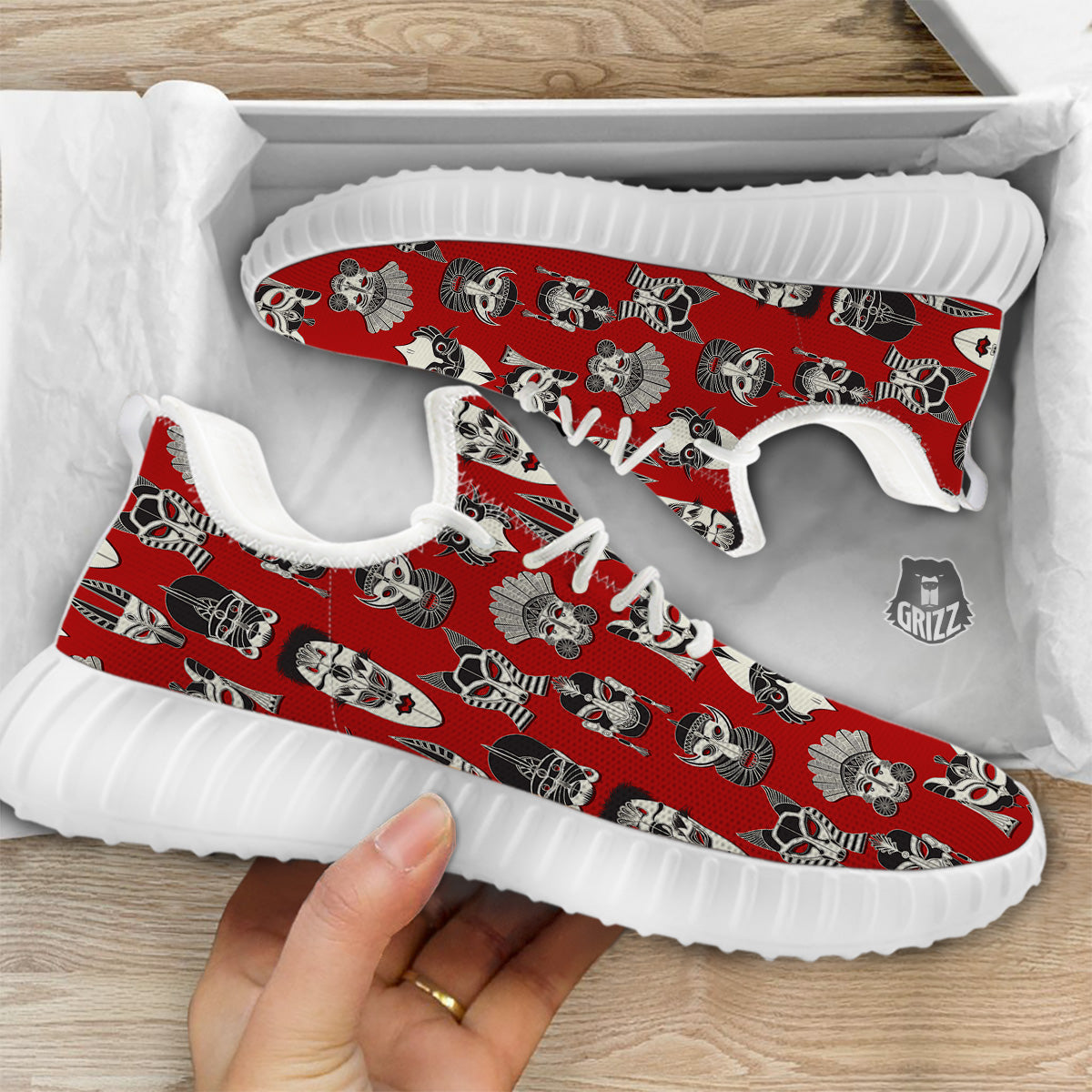 Red White Tribal Mask Print Pattern White Walking Shoes-grizzshop