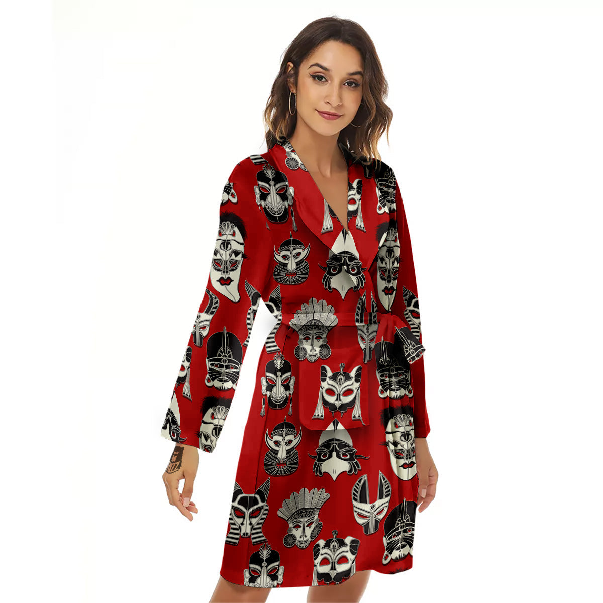 Red White Tribal Mask Print Pattern Women's Robe-grizzshop