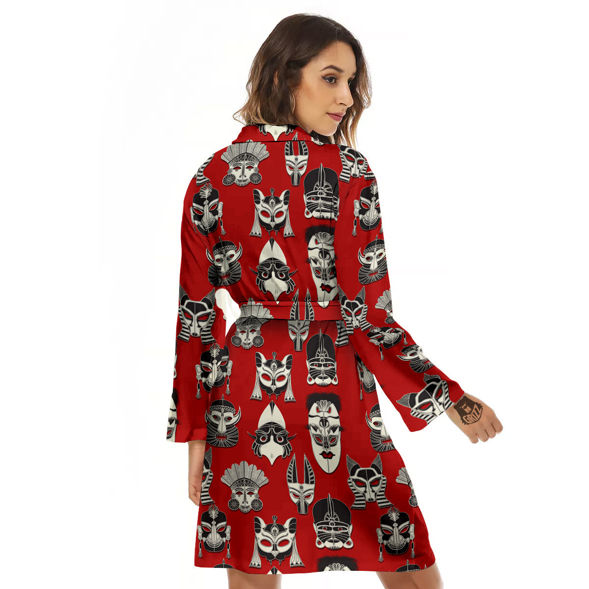Red White Tribal Mask Print Pattern Women's Robe-grizzshop