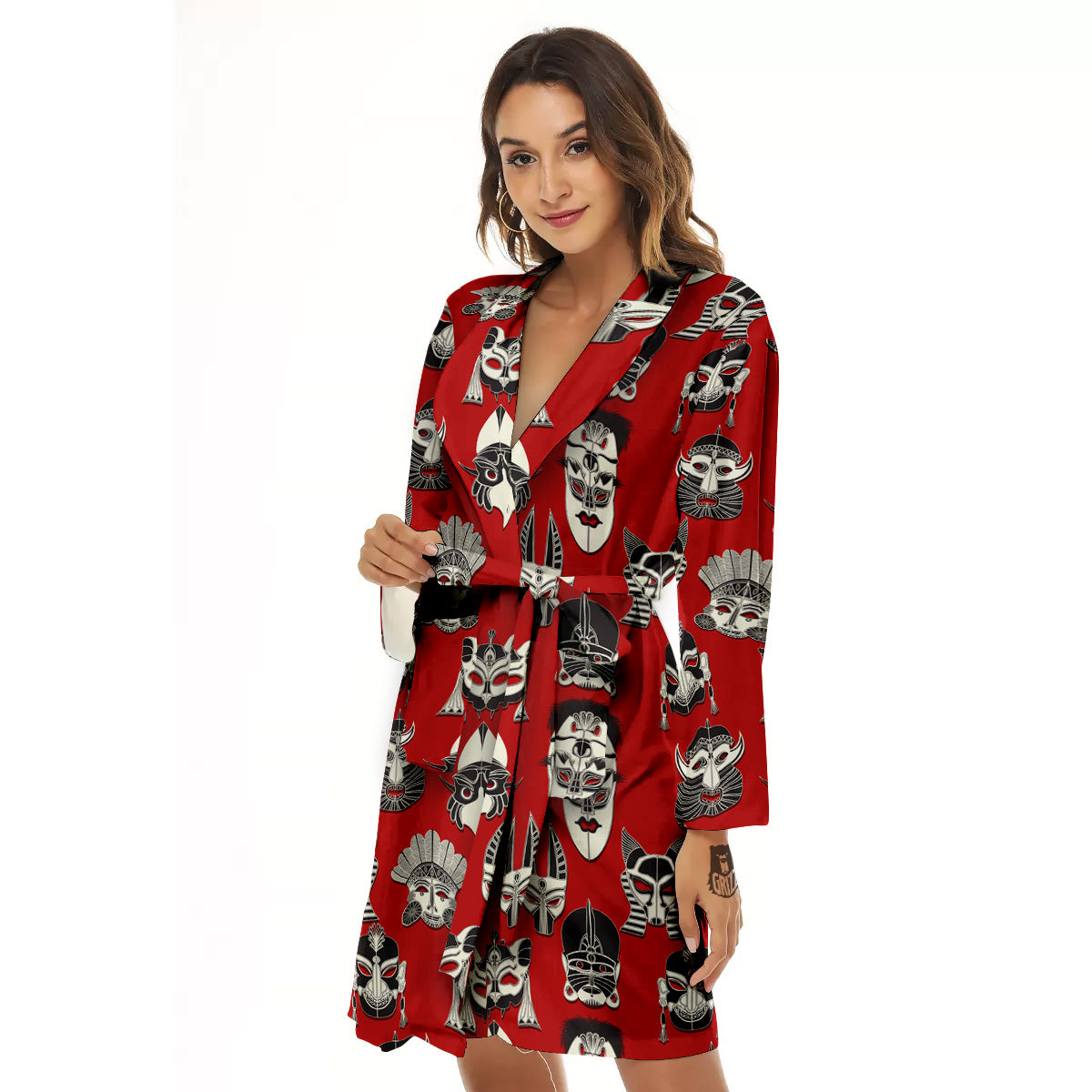 Red White Tribal Mask Print Pattern Women's Robe-grizzshop
