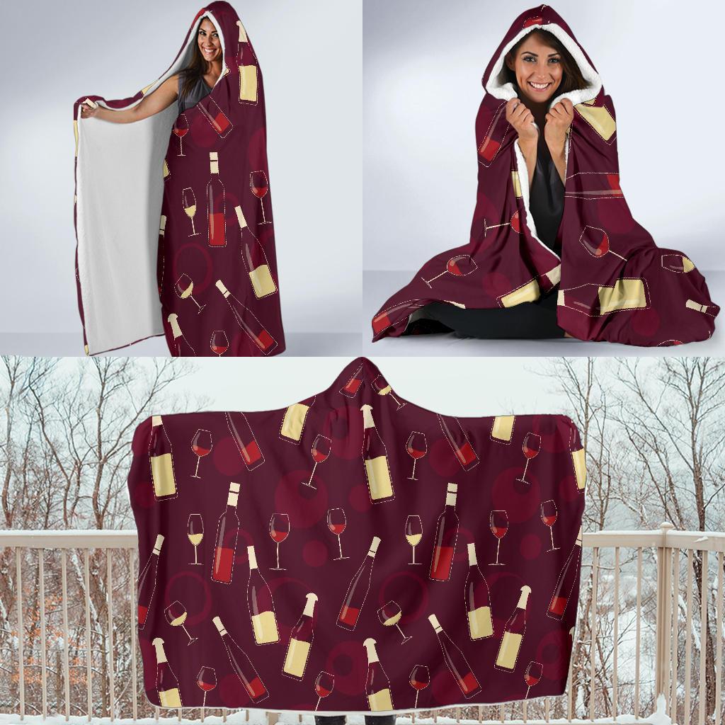 Red Wine Botttle Print Pattern Hooded Blanket-grizzshop
