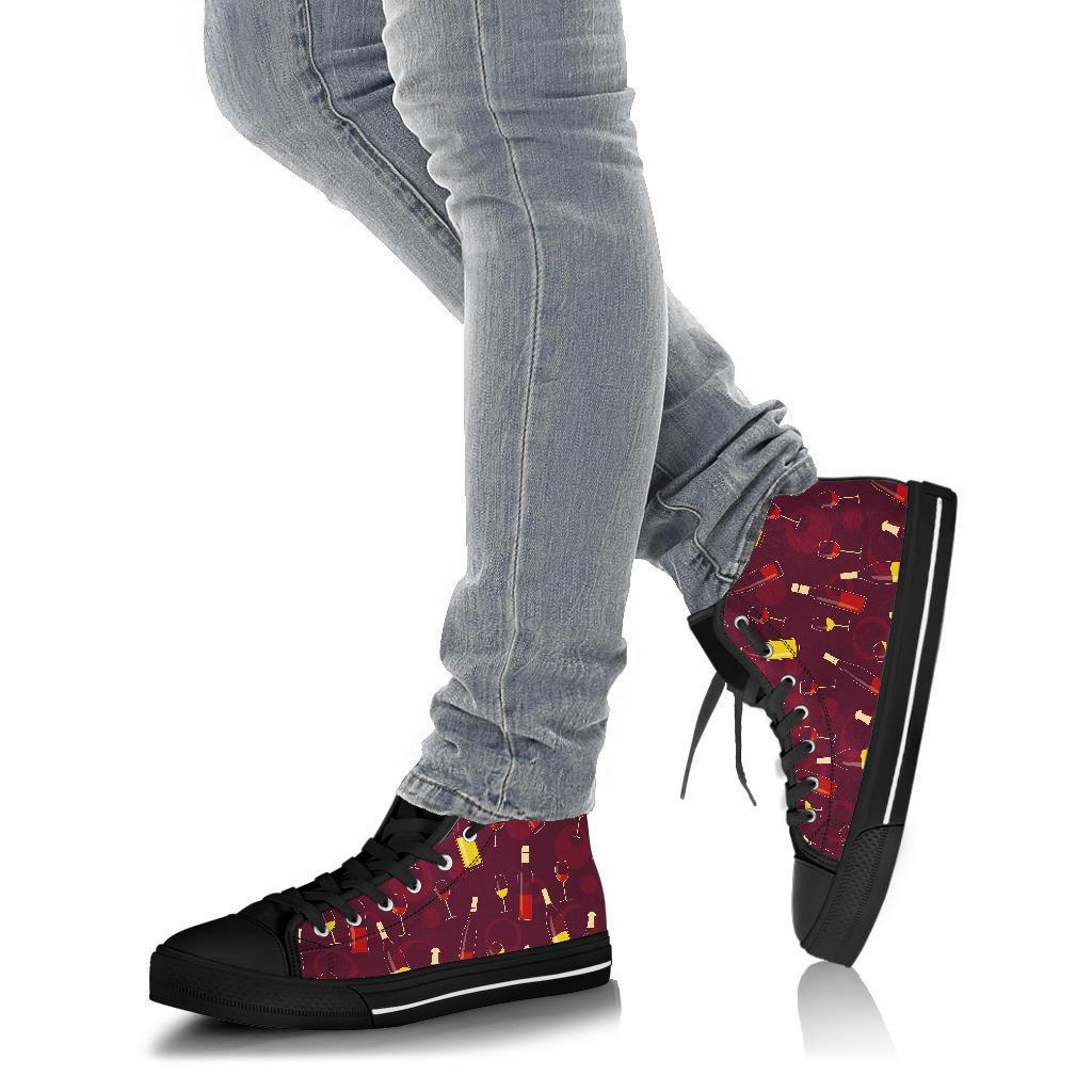 Red Wine Botttle Print Pattern Men Women's High Top Shoes-grizzshop