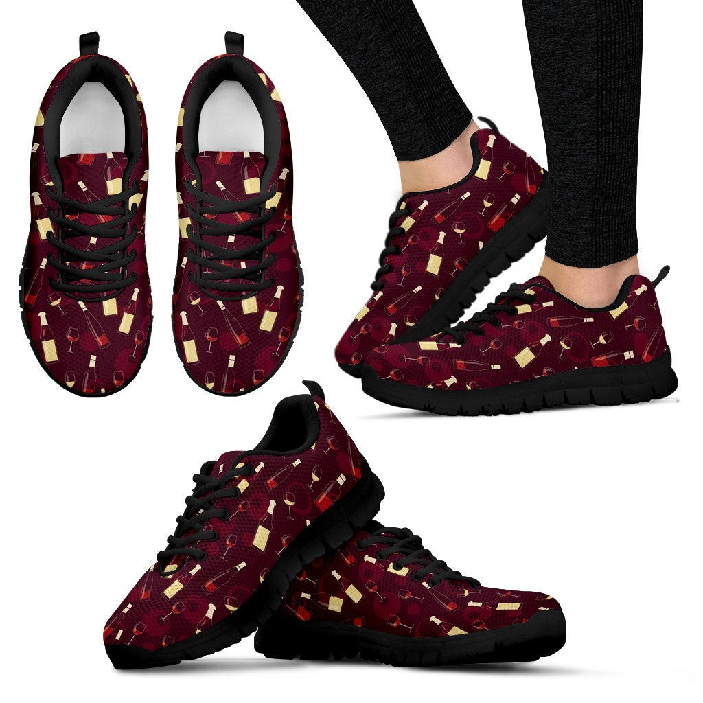 Red Wine Glass Bottle Print Pattern Black Sneaker Shoes For Men Women-grizzshop