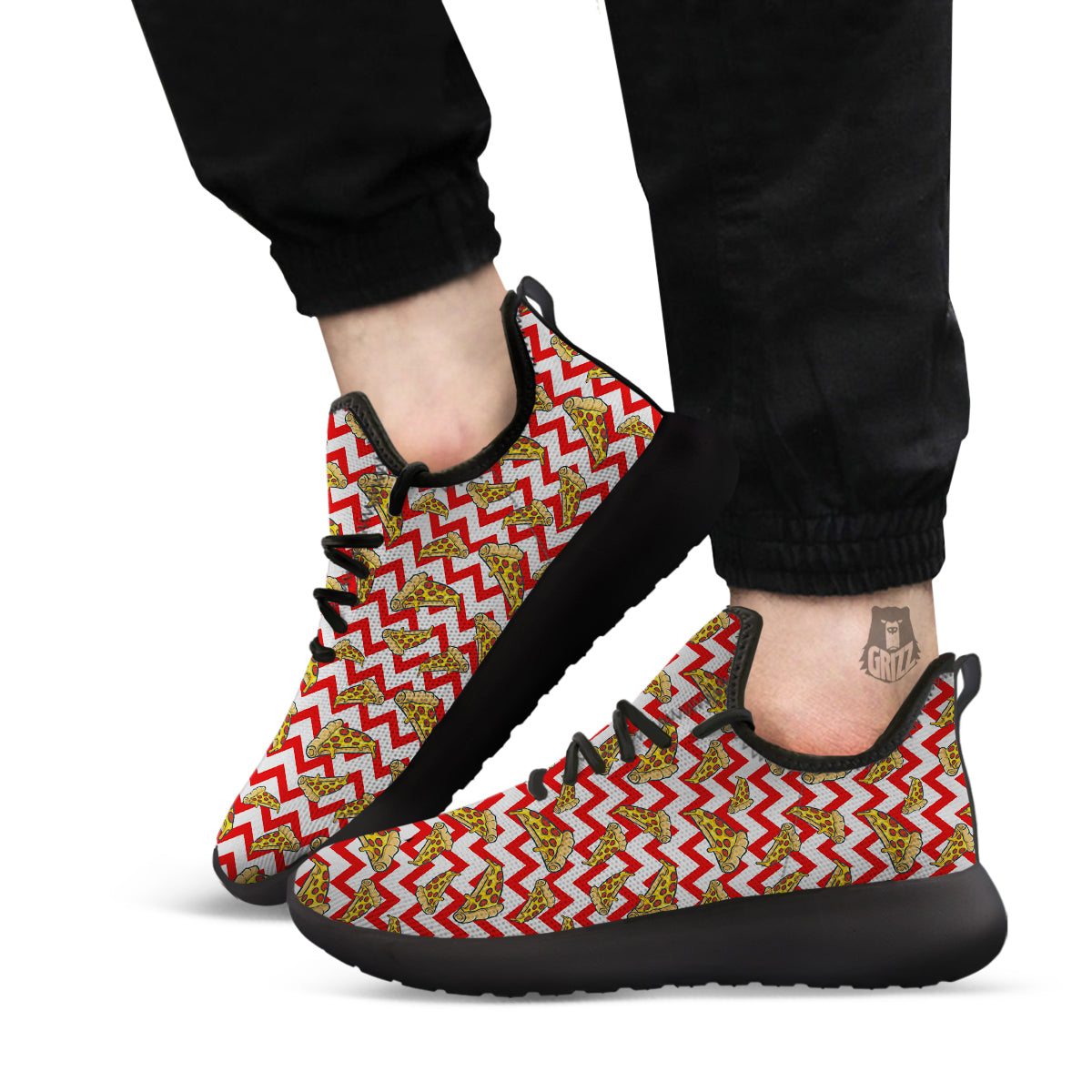 Red Zigzag Pizza Print Pattern Black Athletic Shoes-grizzshop