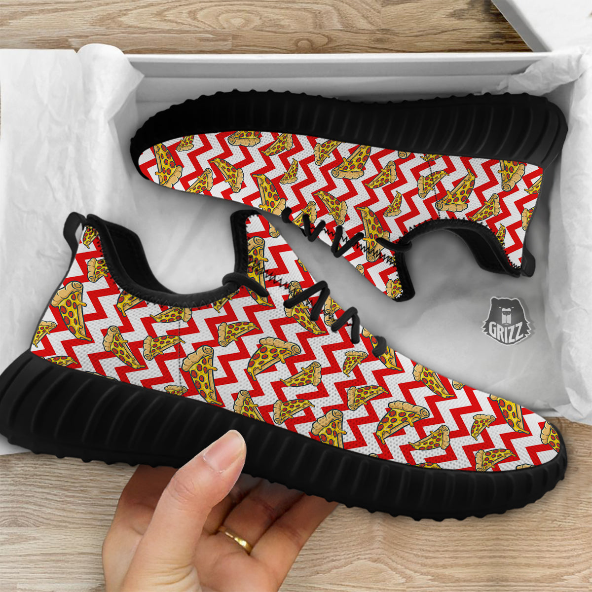 Red Zigzag Pizza Print Pattern Black Walking Shoes-grizzshop