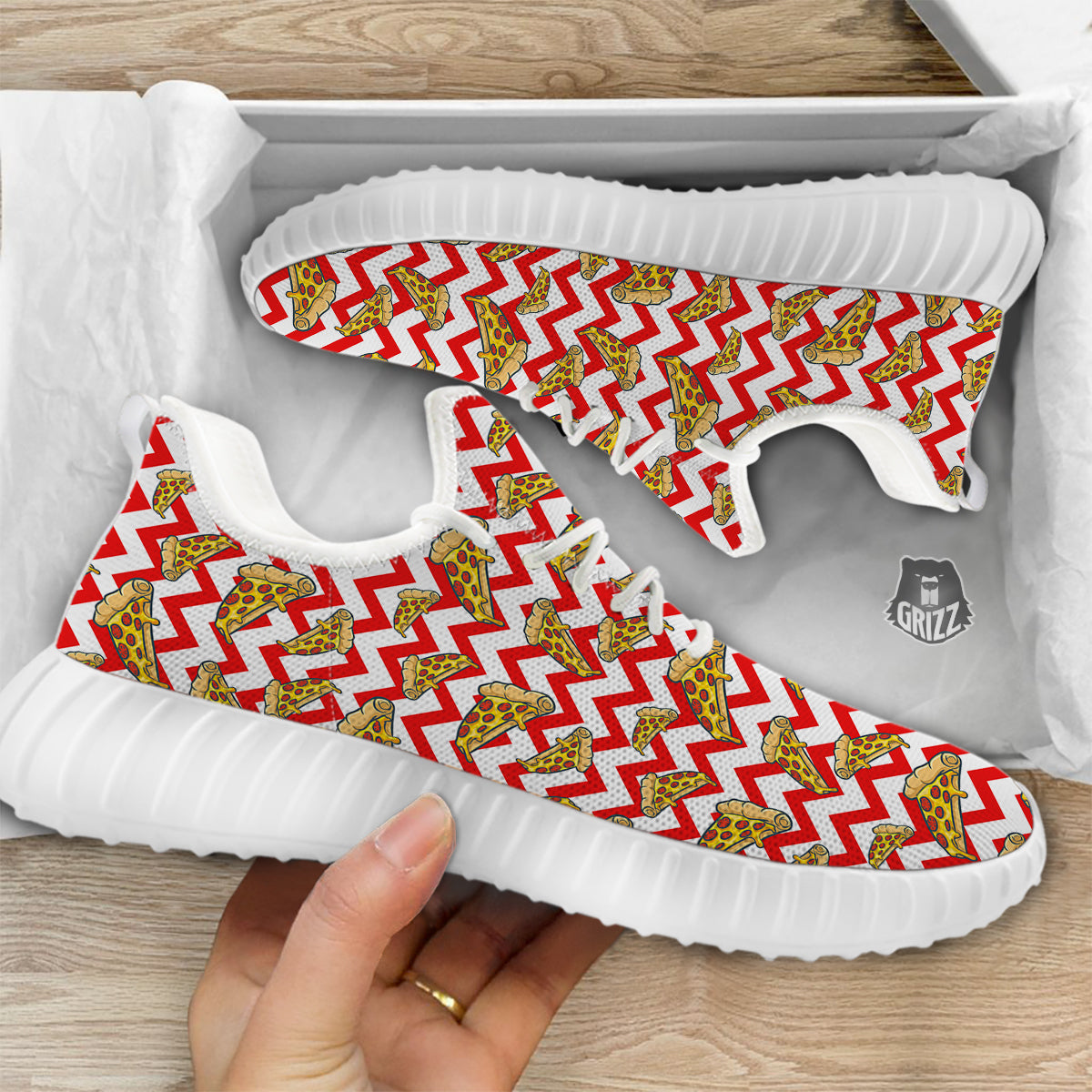 Red Zigzag Pizza Print Pattern White Walking Shoes-grizzshop