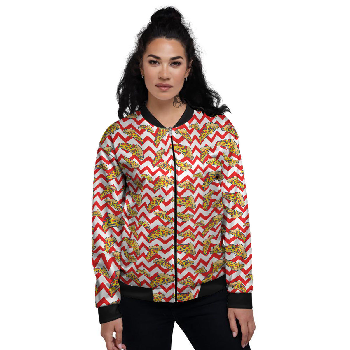 Red Zigzag Pizza Print Pattern Women's Bomber Jacket-grizzshop