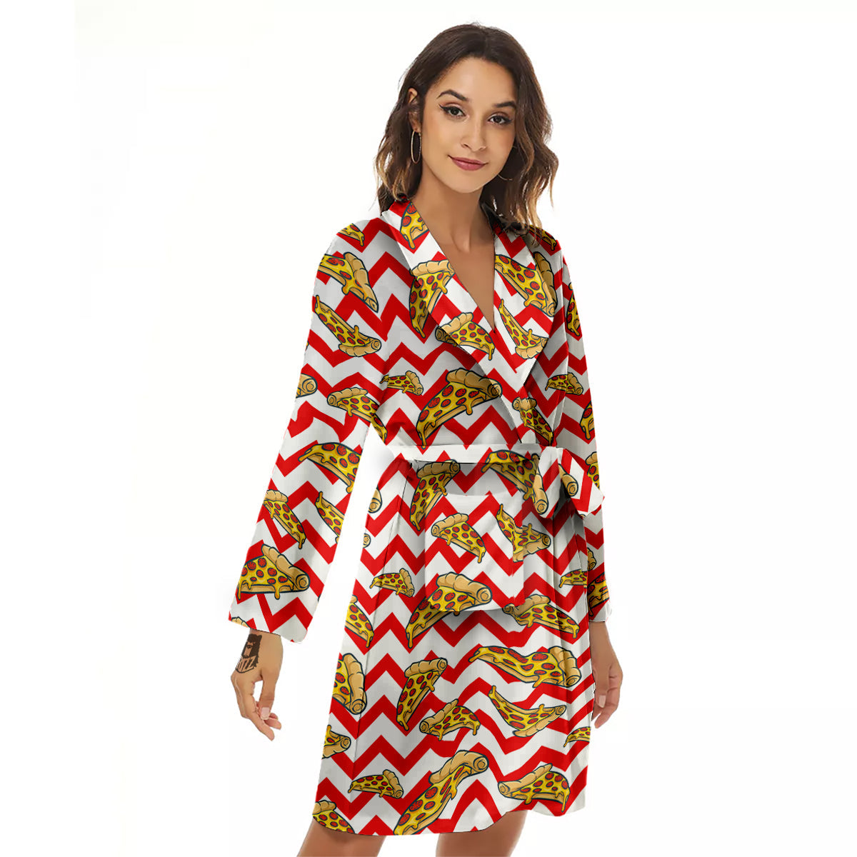 Red Zigzag Pizza Print Pattern Women's Robe-grizzshop