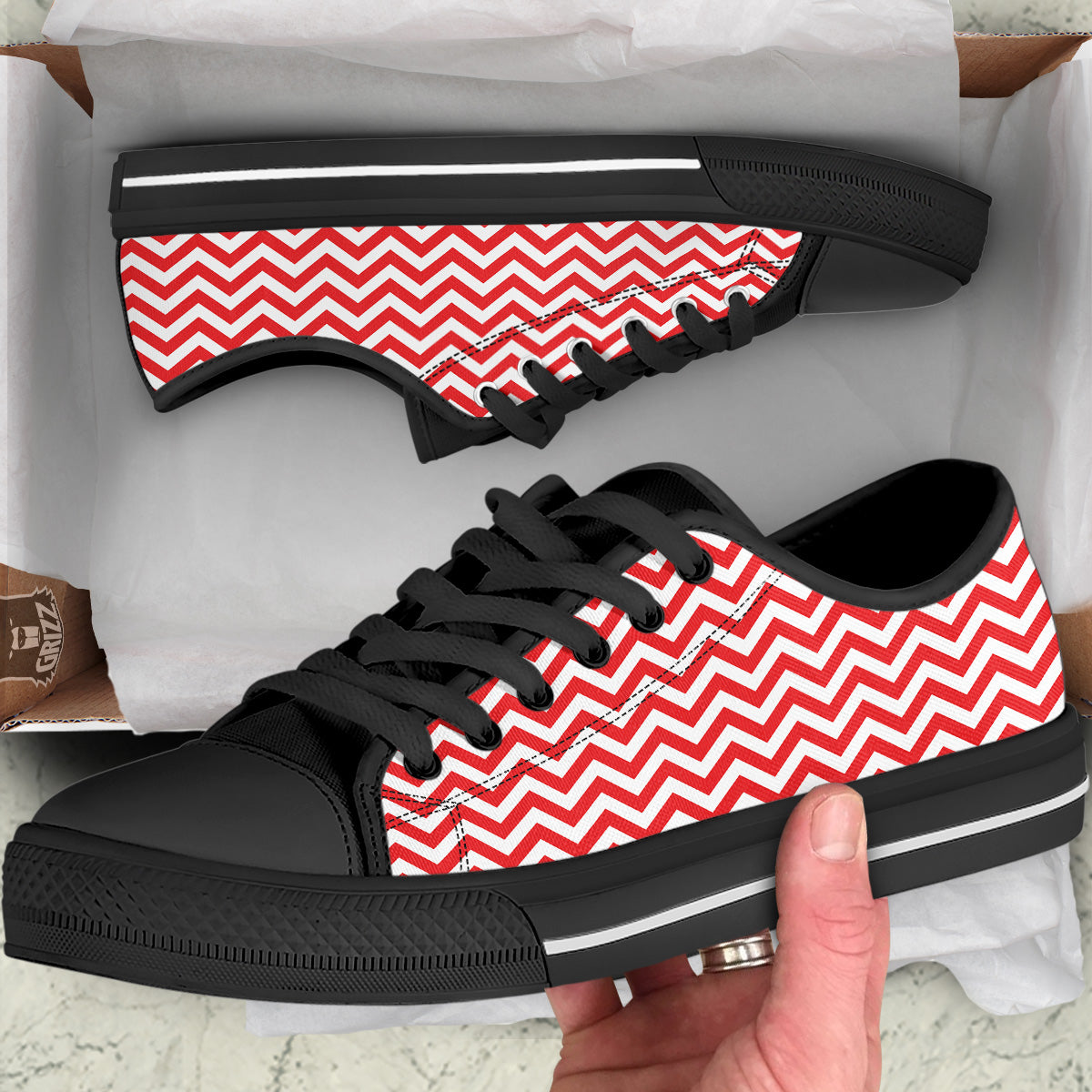 Red Zigzag Print Pattern Black Low Top Shoes-grizzshop