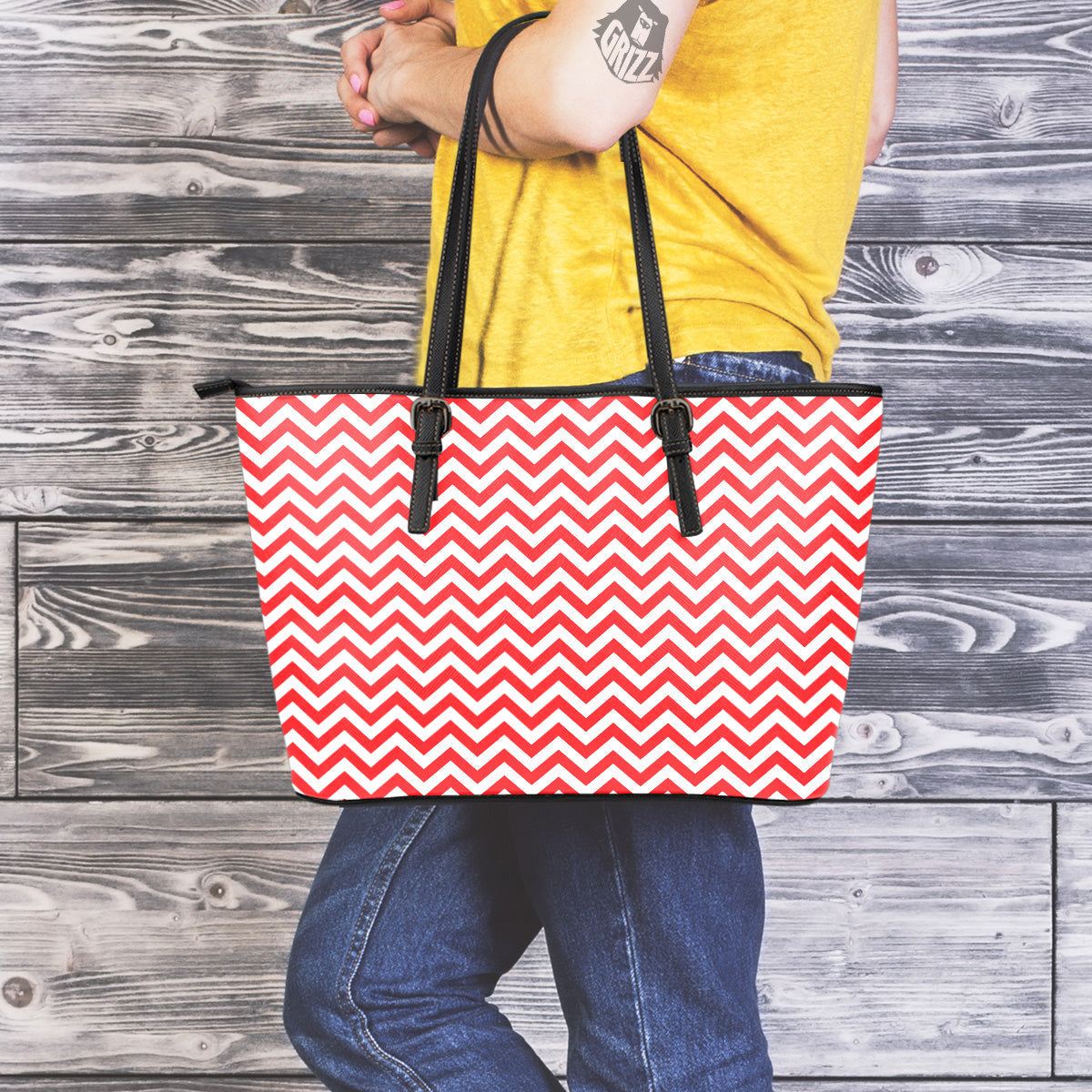 Red Zigzag Print Pattern Leather Tote Bag-grizzshop
