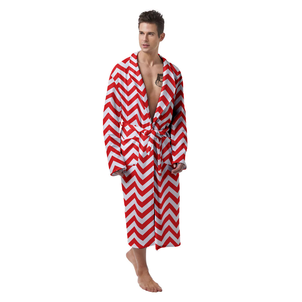 Red Zigzag Print Pattern Men's Robe-grizzshop