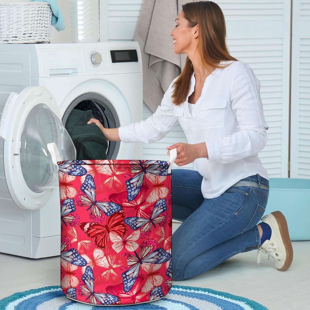 Red and Blue Butterfly Print Laundry Basket-grizzshop