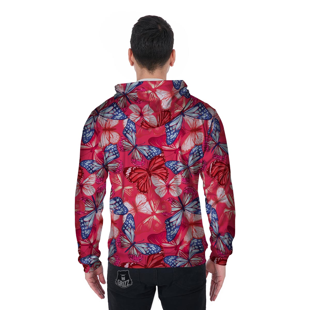 Red and Blue Butterfly Print Men's Zip Up Hoodie-grizzshop