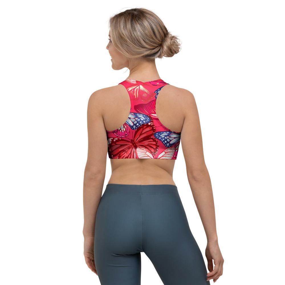 Red and Blue Butterfly Print Sports Bra-grizzshop