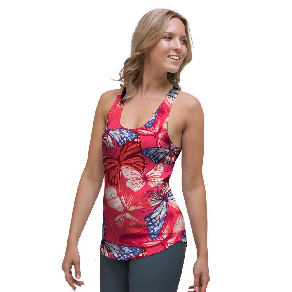 Red and Blue Butterfly Print Women's Racerback Tank Top-grizzshop