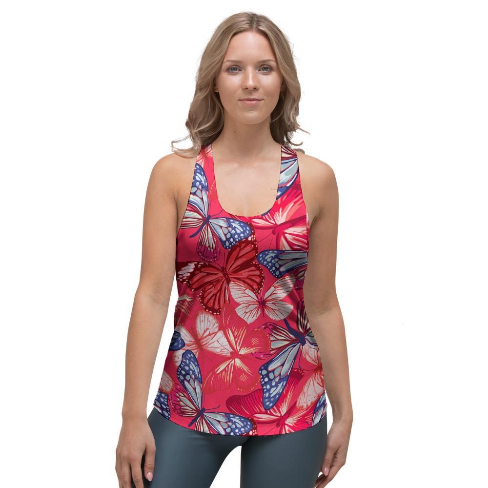 Red and Blue Butterfly Print Women's Racerback Tank Top-grizzshop