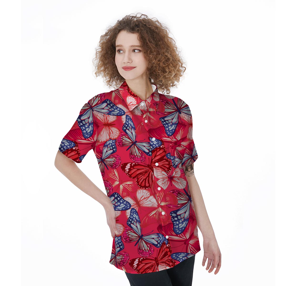 Red and Blue Butterfly Print Women's Short Sleeve Shirts-grizzshop
