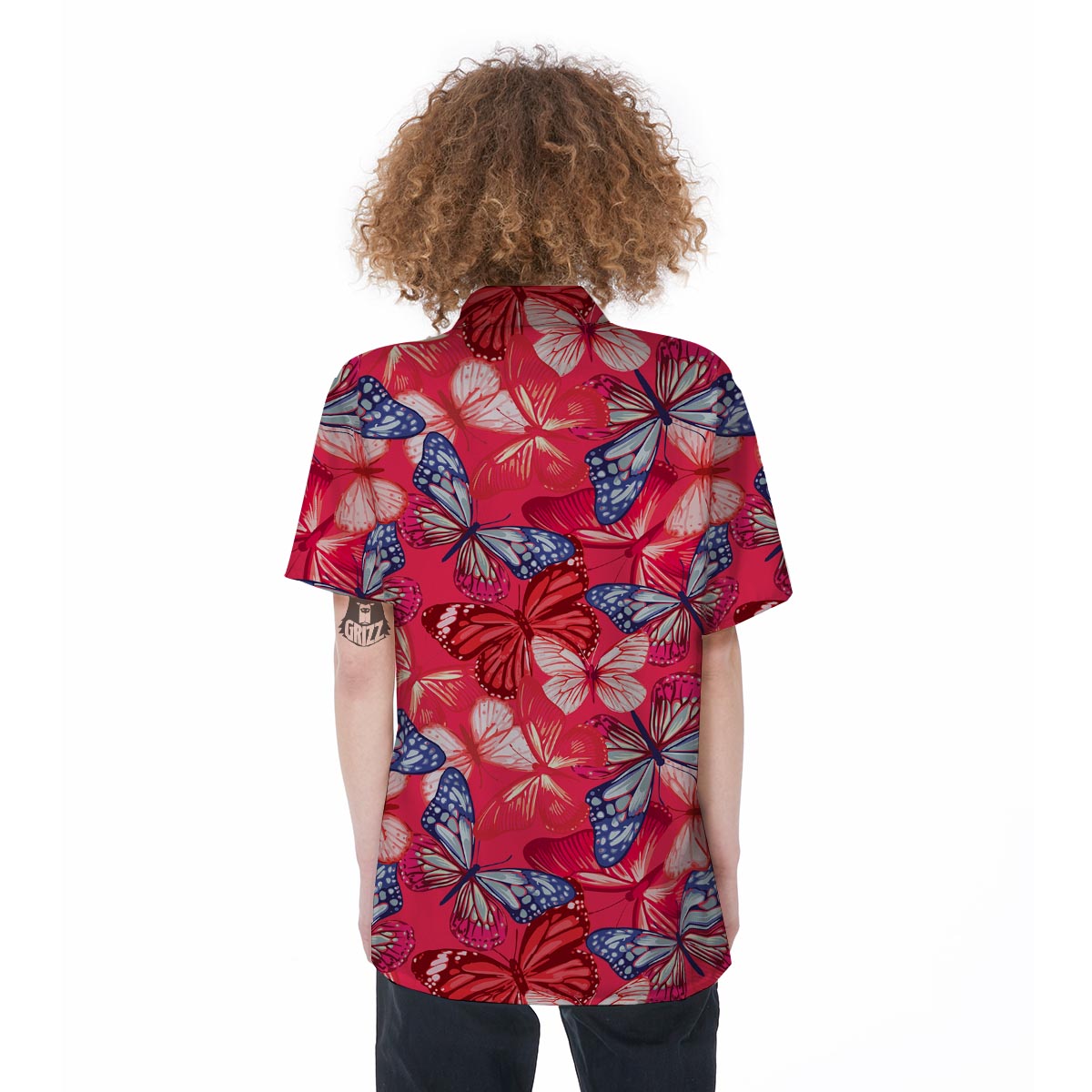 Red and Blue Butterfly Print Women's Short Sleeve Shirts-grizzshop
