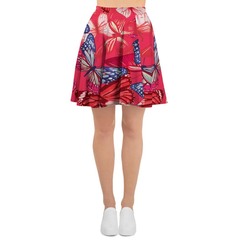 Red and Blue Butterfly Print Women's Skirt-grizzshop