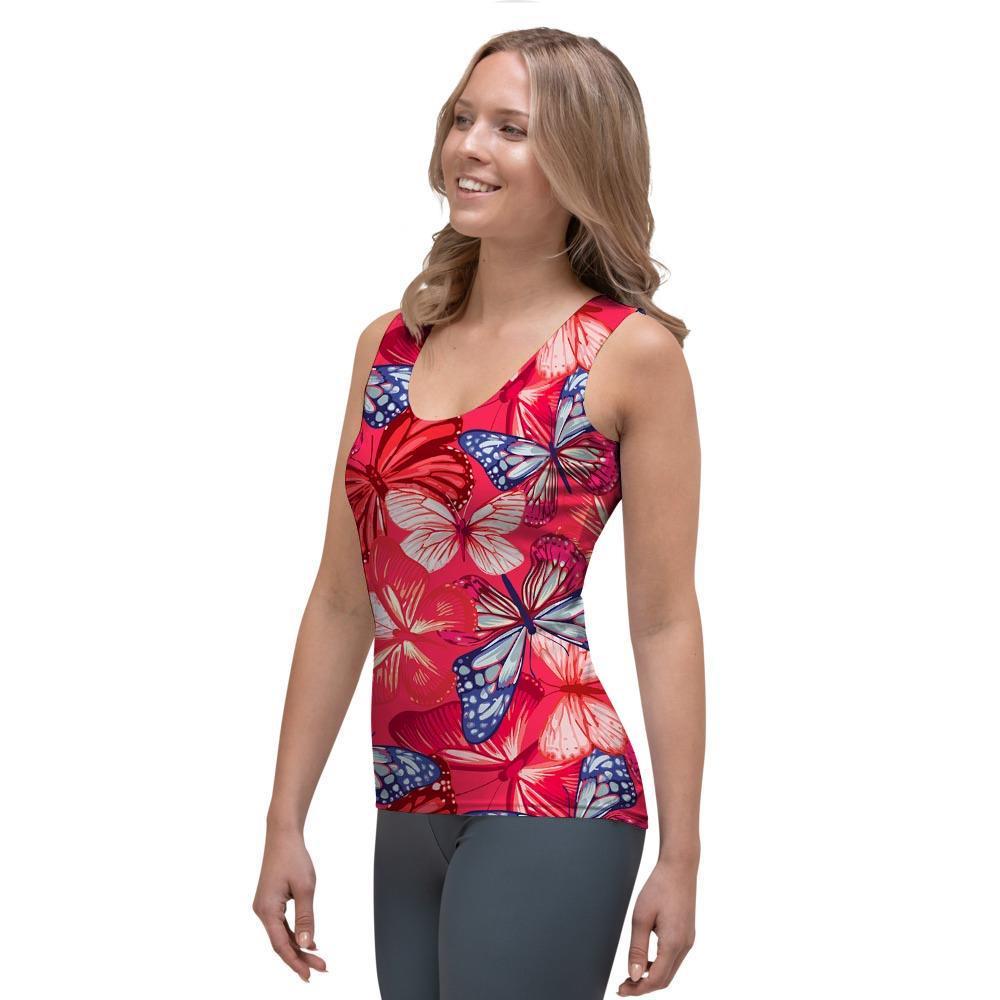 Red and Blue Butterfly Print Women's Tank Top-grizzshop