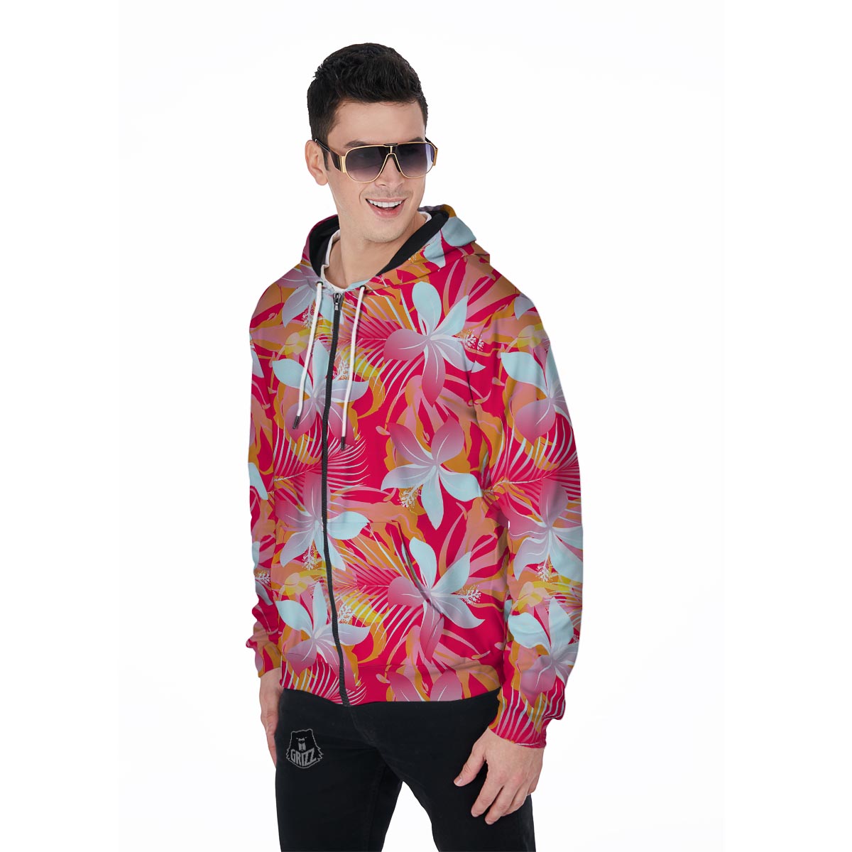 Red And Orange Hibiscus Hawaiian Print Men's Zip Up Hoodie-grizzshop