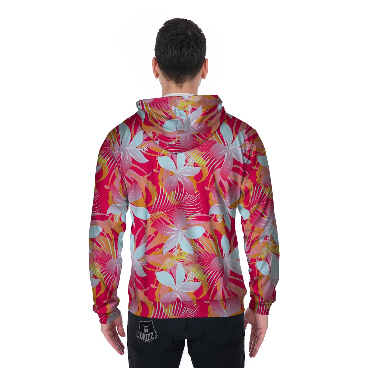 Red And Orange Hibiscus Hawaiian Print Men's Zip Up Hoodie-grizzshop