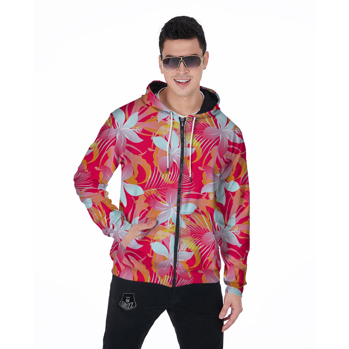 Red And Orange Hibiscus Hawaiian Print Men's Zip Up Hoodie-grizzshop