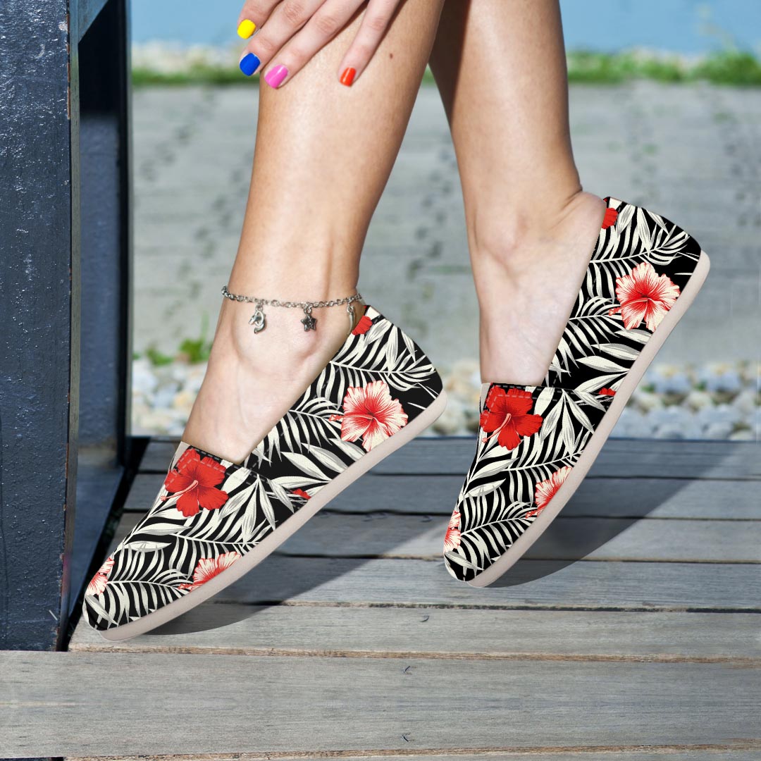 Red And White Hibiscus Flowers Hawaiian Print Canvas Shoes-grizzshop