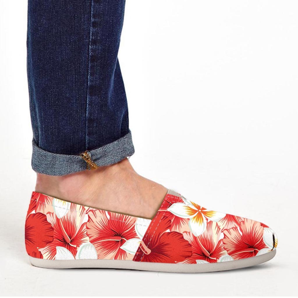 Red And White Hibiscus Hawaiian Print Canvas Shoes-grizzshop
