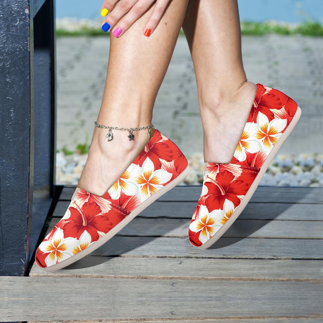 Red And White Hibiscus Hawaiian Print Canvas Shoes-grizzshop