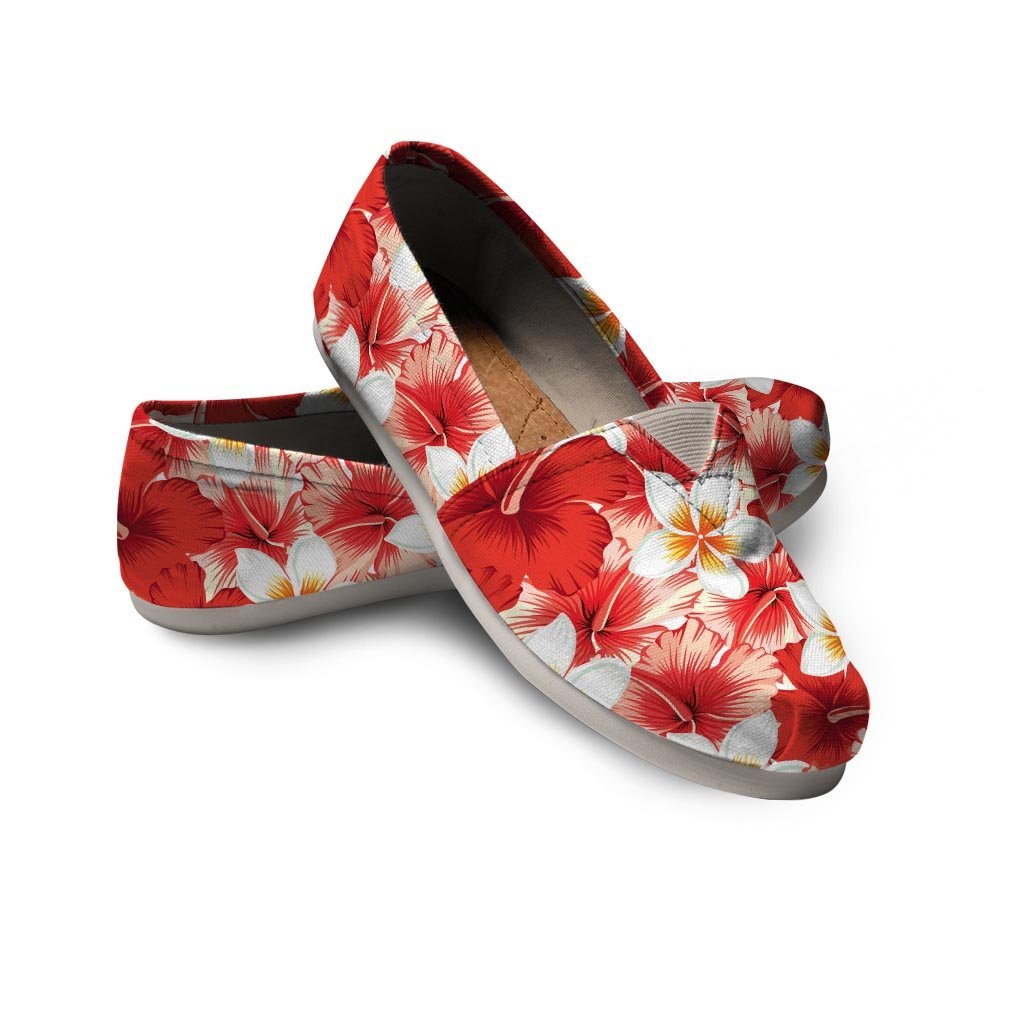Red And White Hibiscus Hawaiian Print Canvas Shoes-grizzshop