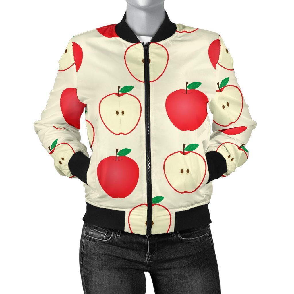 Red Apple Pattern Print Women Casual Bomber Jacket-grizzshop