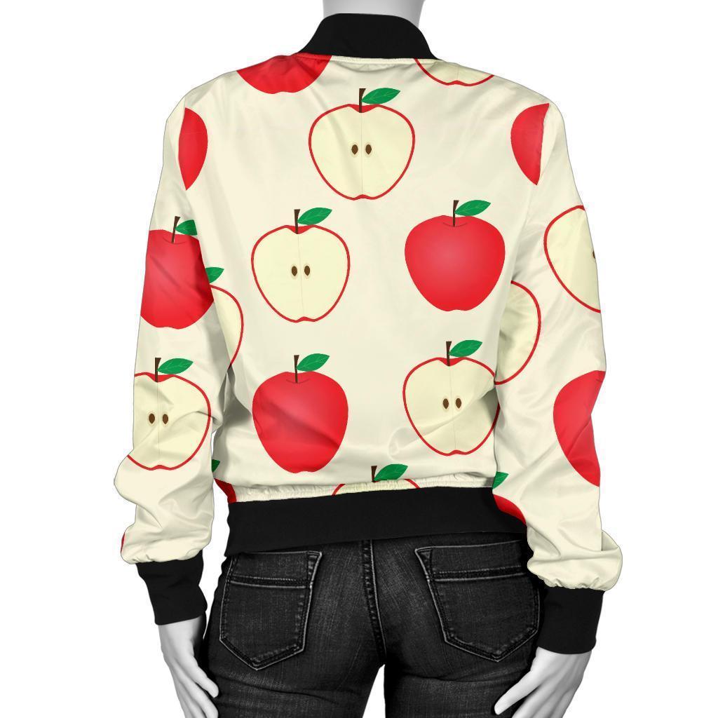 Red Apple Pattern Print Women Casual Bomber Jacket-grizzshop