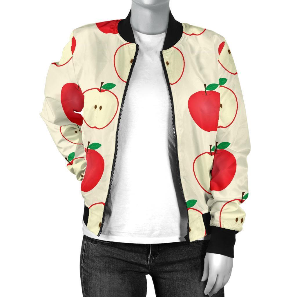 Red Apple Pattern Print Women Casual Bomber Jacket-grizzshop