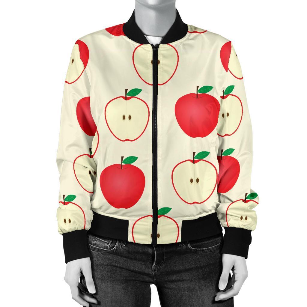 Red Apple Pattern Print Women Casual Bomber Jacket-grizzshop