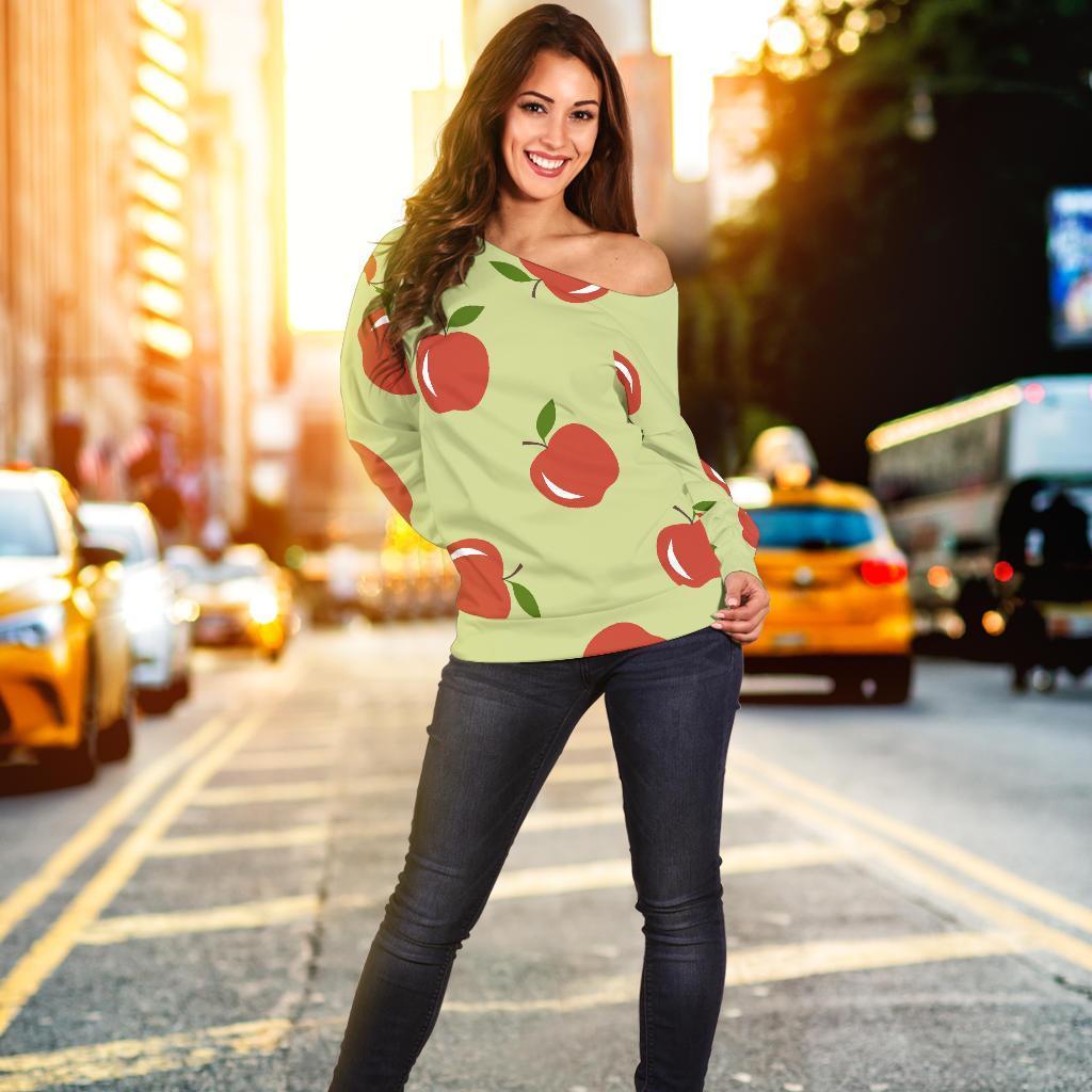 Red Apple Print Pattern Women Off Shoulder Sweatshirt-grizzshop