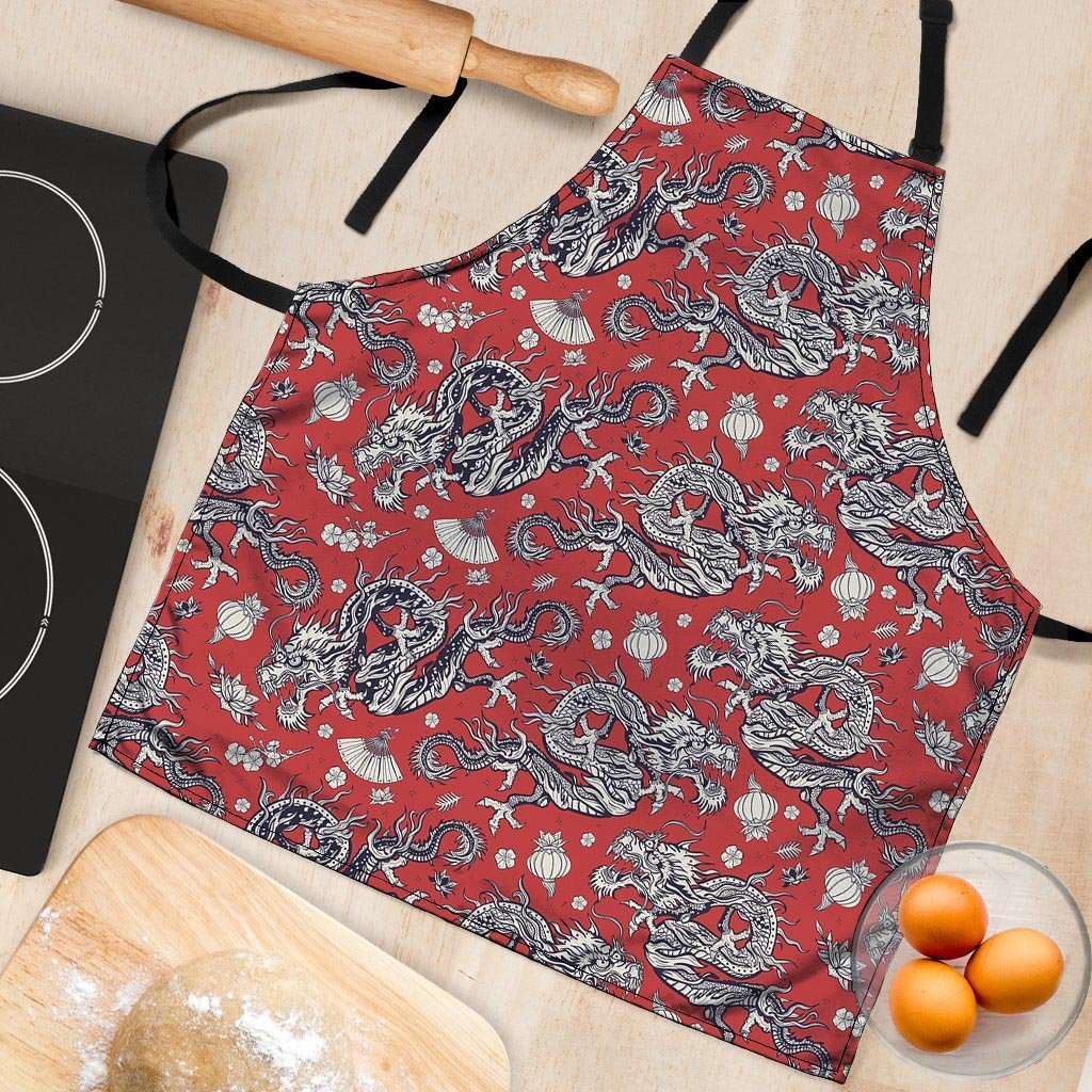 Red Chinese Dragon Floral Print Women's Apron-grizzshop