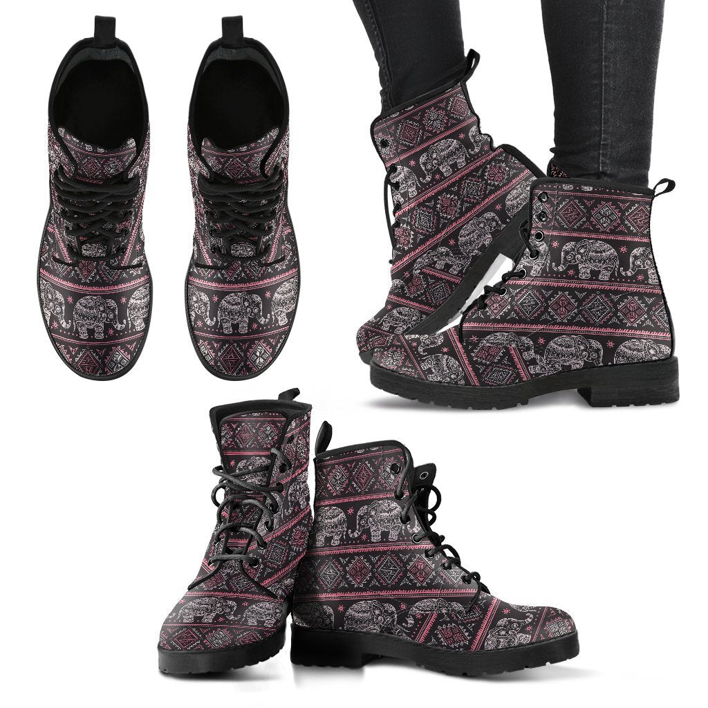 Red Elephant Aztec Pattern Print Men Women Leather Boots-grizzshop