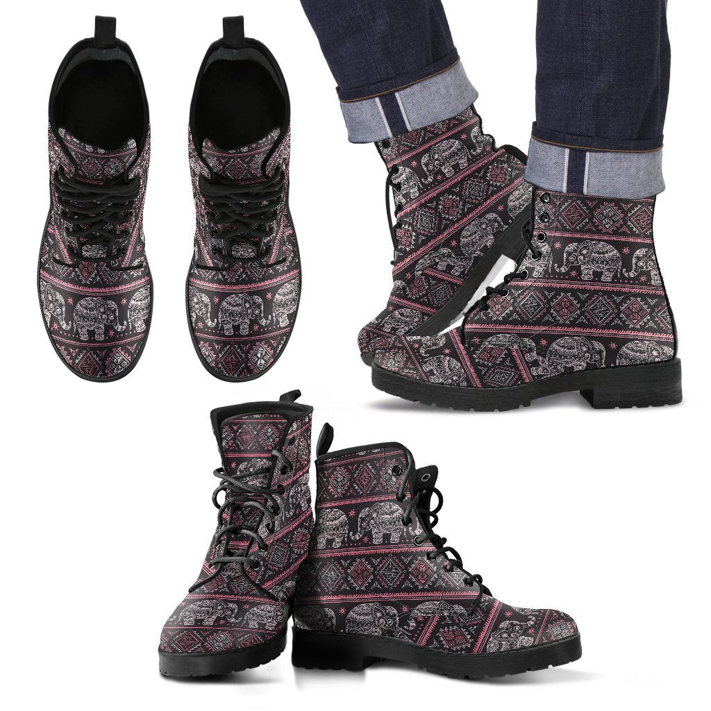 Red Elephant Aztec Pattern Print Men Women Leather Boots-grizzshop