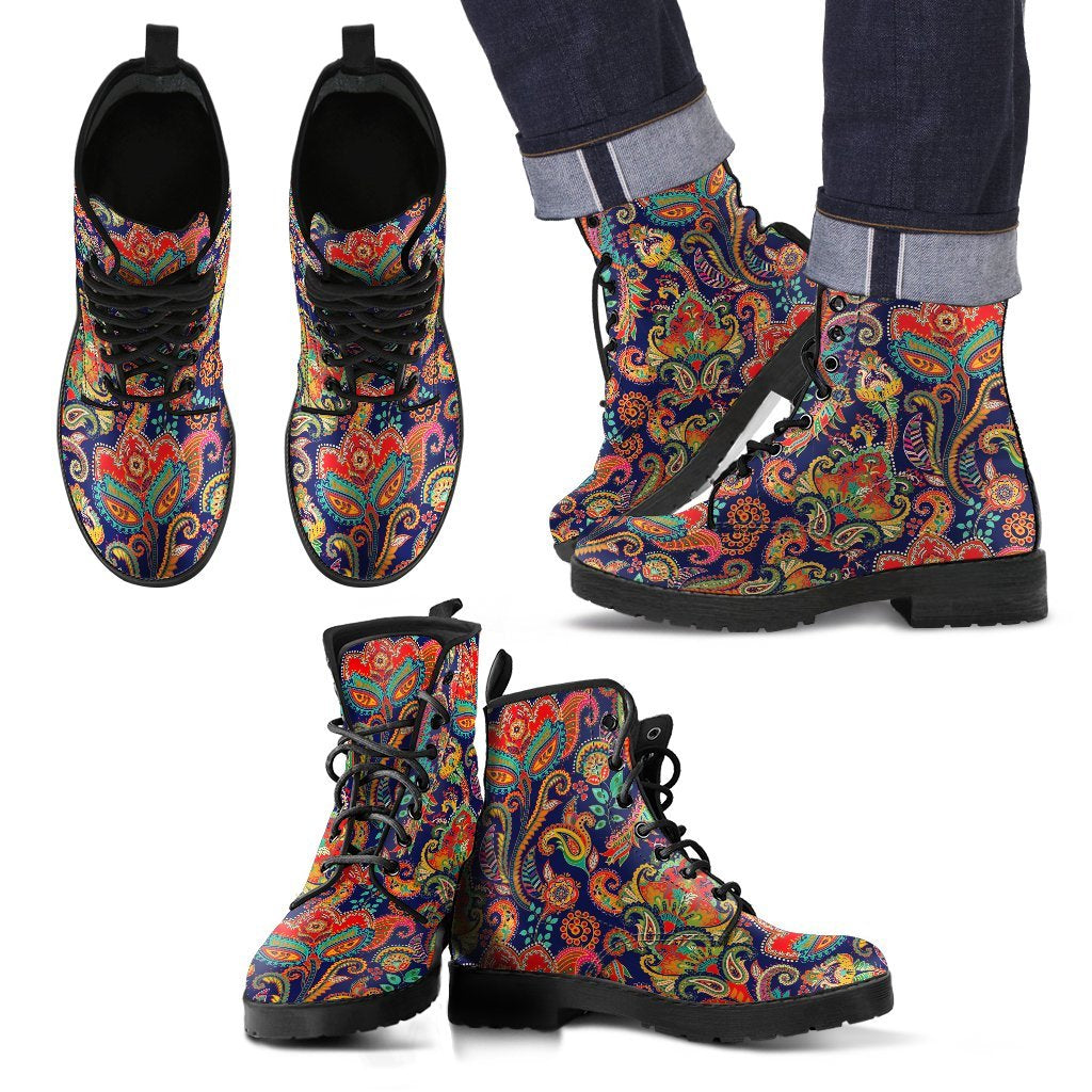 Red Flower Paisley Pattern Print Men Women Leather Boots-grizzshop