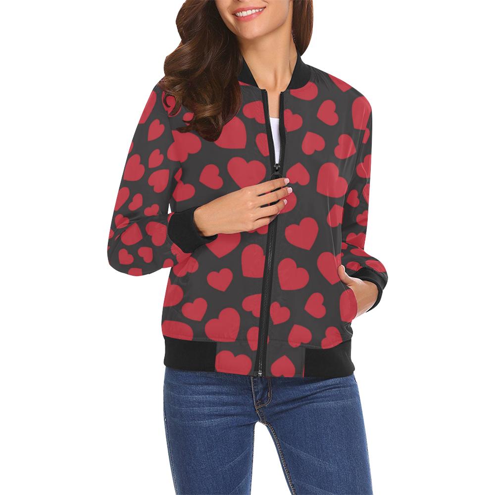 Red Heart Pattern Print Women Casual Bomber Jacket-grizzshop
