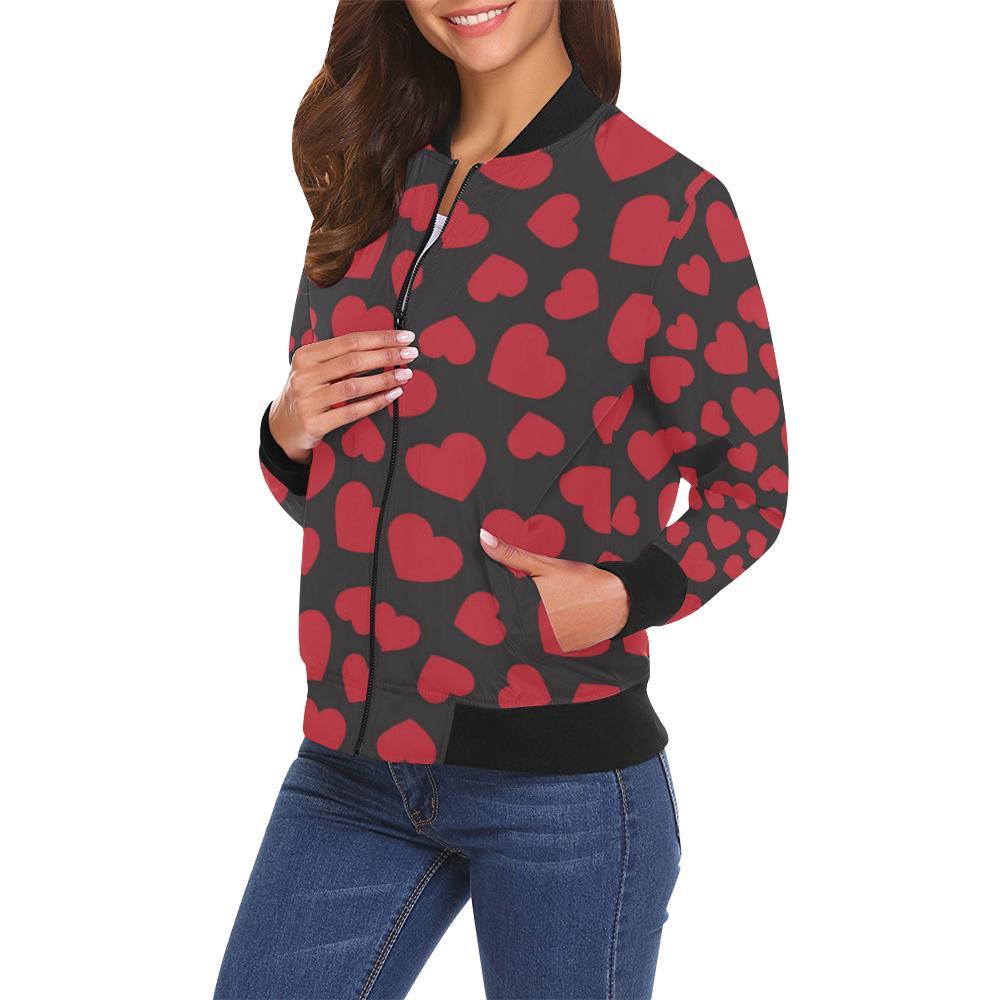 Red Heart Pattern Print Women Casual Bomber Jacket-grizzshop