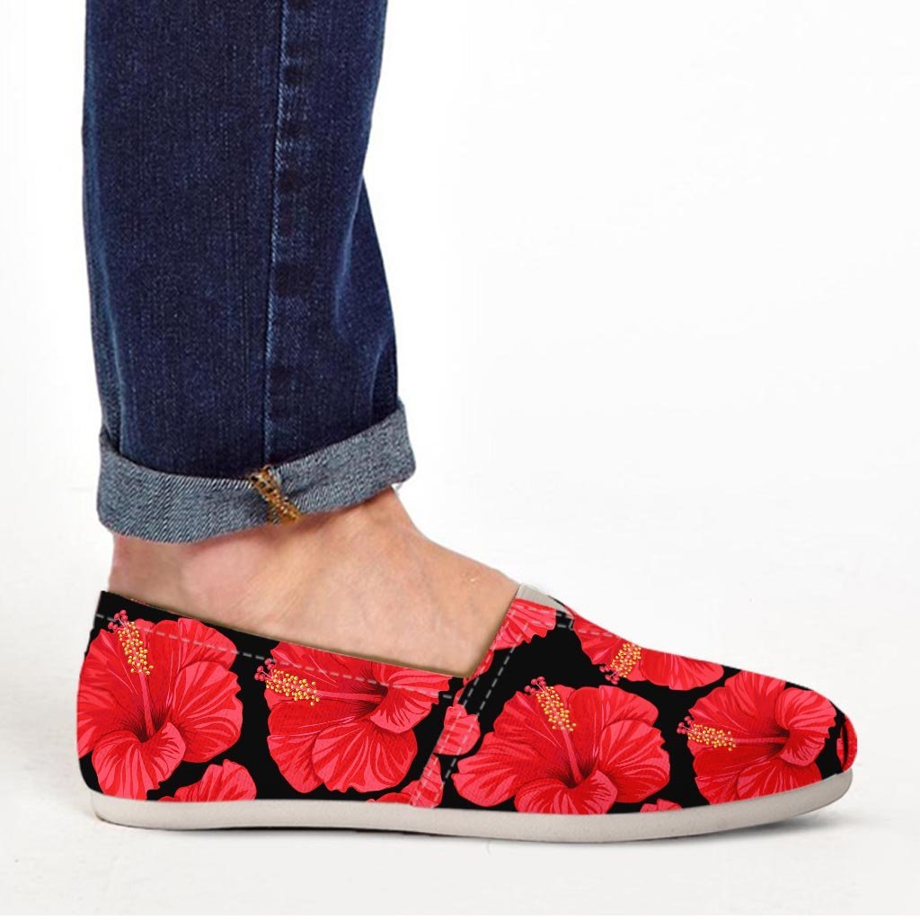 Red Hibiscus Flower Hawaiian Print Canvas Shoes-grizzshop