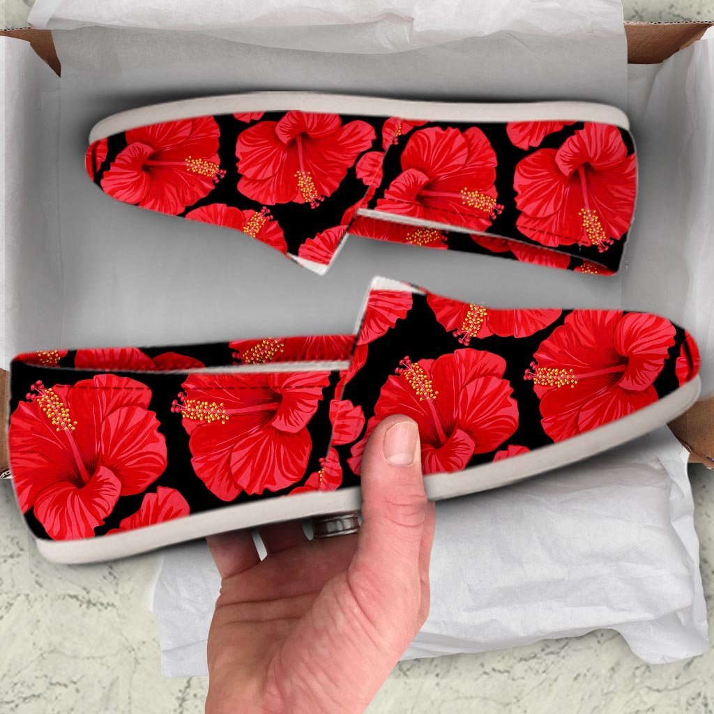 Red Hibiscus Flower Hawaiian Print Canvas Shoes-grizzshop