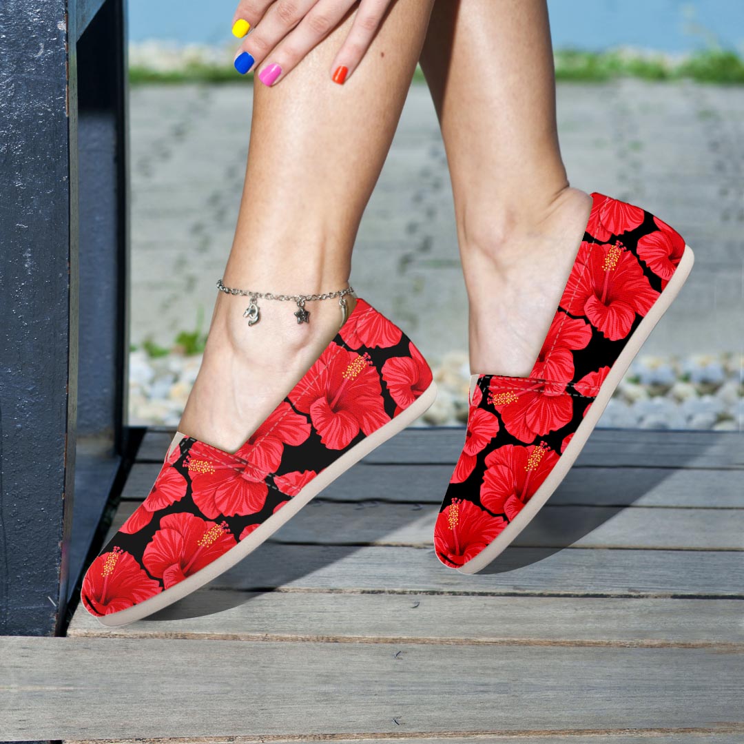 Red Hibiscus Flower Hawaiian Print Canvas Shoes-grizzshop